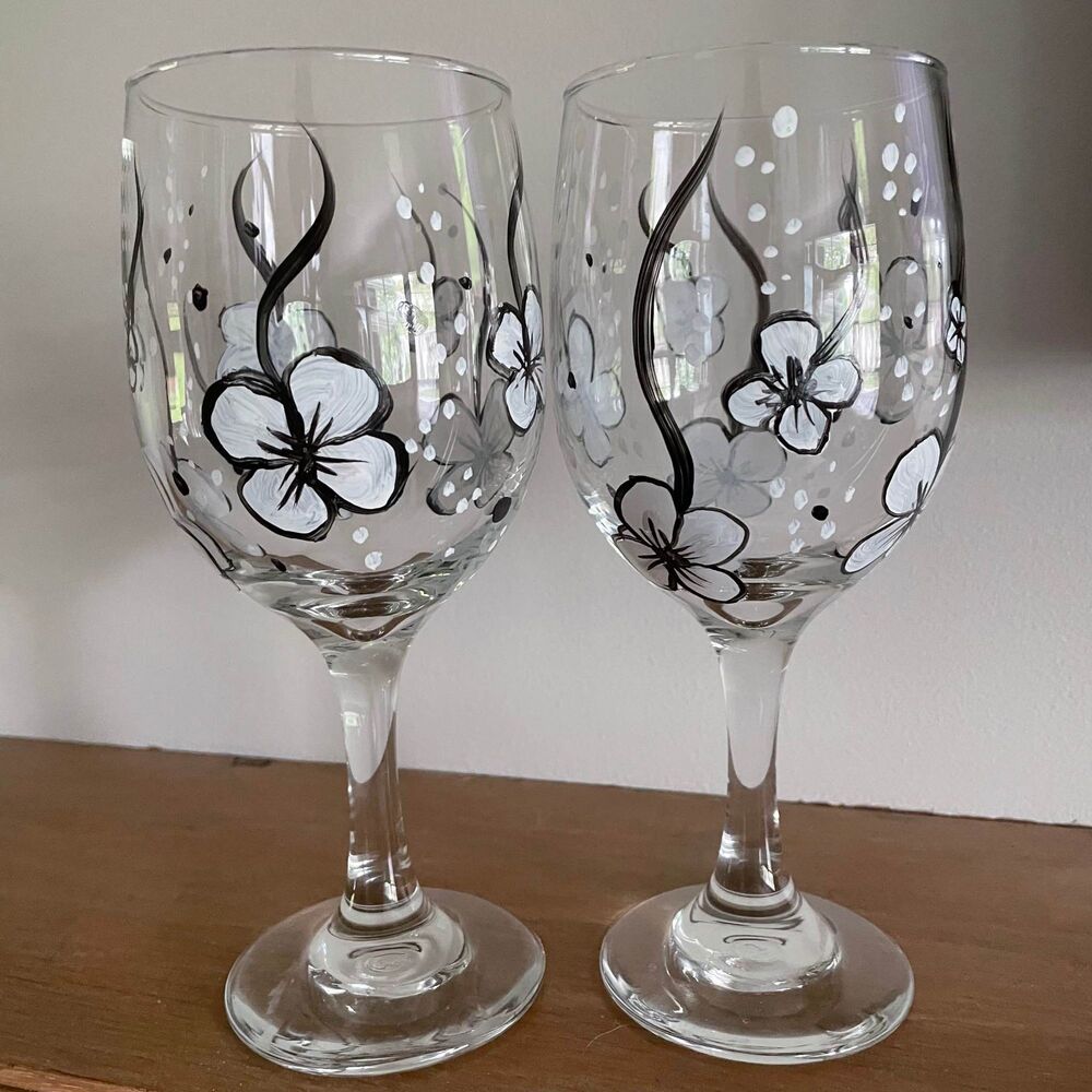 Set of 2 Hand Painted Floral Wine Glasses
